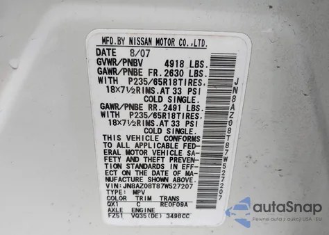 2007 Nissan Murano Sl from USA, damaged, VIN JN8AZ08T87W527207